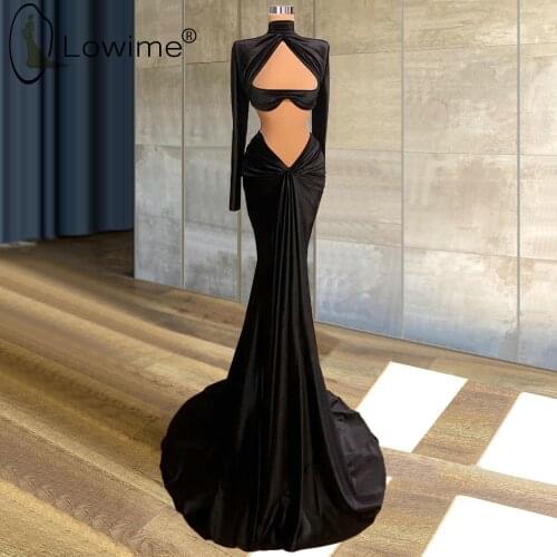 Sexy Black Muslim Long Sleeves High Neck Mermaid Evening Dresses 2021 Crop Top Wedding Party Gowns Custom Made Formal Robes