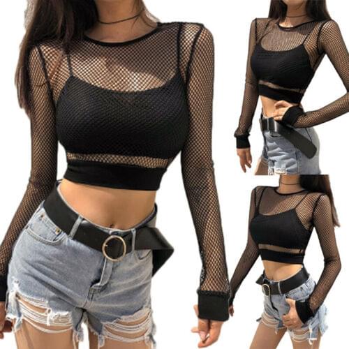 Women See Through Fishnet Shirt Ladies Long Sleeve O-neck Tranparent Blouse Female Sexy Black Mesh Shirts S-L