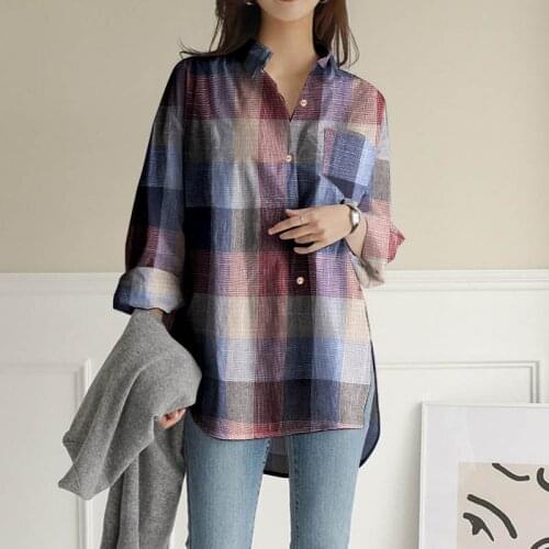 2021 Spring Vintage Shirts Women ZANZEA Plaid Loose Tops Casual Ladies Autumn Long Sleeve Lapel Collar Blusa Femme Plus Size 5XL