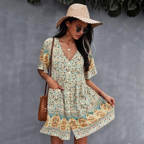 2021 Summer Print Short Dress Women Casual V Neck Bohemian Short Sleeve Dress for Woman Fashion Sexy Pockets Vintage Beach Dress
