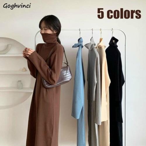 Long Sleeve Dress Women Solid Turtlenek Side Slit Midi Elegant All-match Korean Style Simple Winter Fashion Ins Stylish Vestido