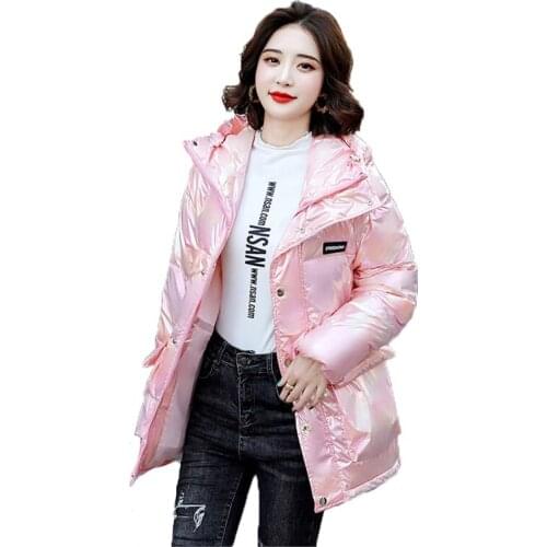 Pink Down Cotton Coat Women White Purple Green Hooded Slim Tops 2021 New Winter Korean Plus Size Thick Warm Parkas Jacket N1151