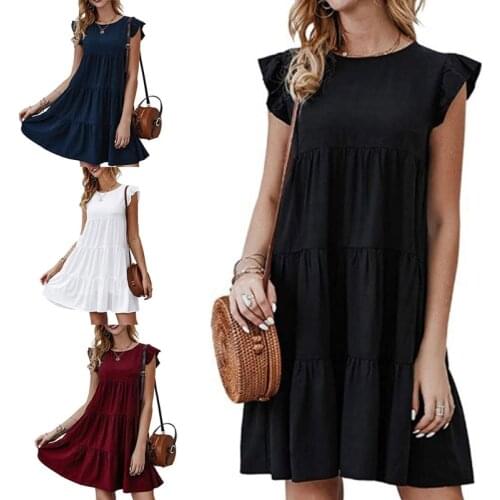 Women Summer Sleeveless Ruffle Sleeve Pleated Flowy Short Dress Solid Color Round Neck Casual Loose Fit Beach Sundress