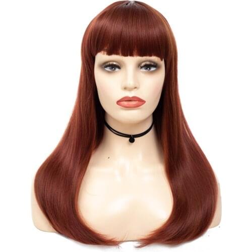 ZM Hair 55cm Long Synthetic Straight Hair Wigs With Bangs Cheap Light Red Wine High Temperature Fiber Wigs for White/Black Women