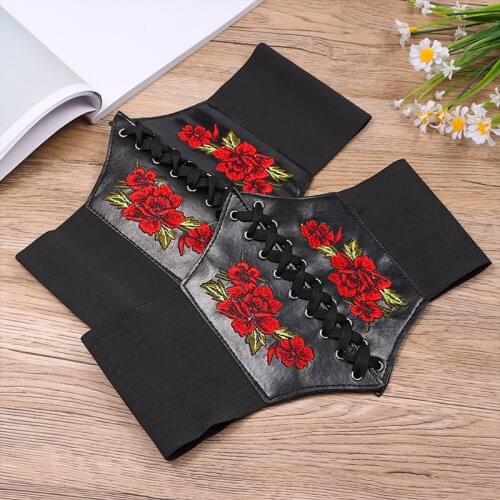 2021 Fashion Women Embroidered Extra Wide Belt PU Leather Tie Bowknot Female Girdle Printed Lady Stretch Buckle Corset Waistband