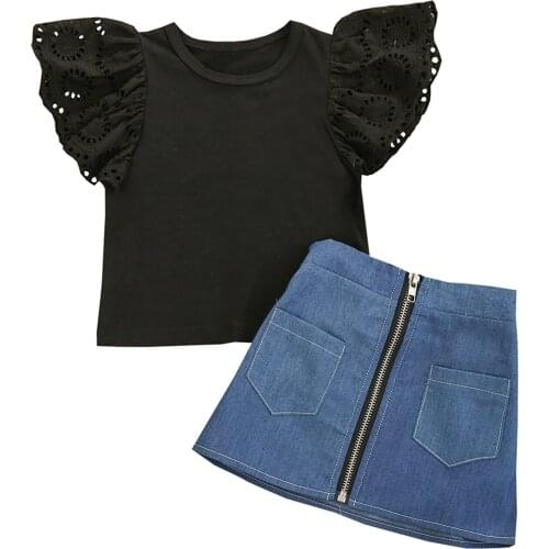 Citgeett Summer Kids Girls Skirt Two-Pieces Suit Fashion Black Fly Sleeve T-shirt and Zipper Denim A-line Short Skirt Set