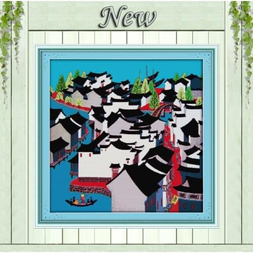 China River town scenery decor NKF paintings Counted printed on canvas 14CT 11CT DIY Cross Stitch Needlework kits Embroider Sets