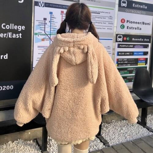 Soft girl, Japanese girl, lovely rabbit, ears, plush, hooded, loose sweater, coat, girl, autumn and winter students wear