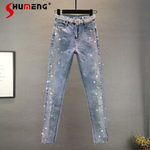 2021 Spring Autumn New Elastic Denim Pants European Heavy Embroidery Hot Drilling Women Jeans Skinny Fashion Pencil Pants