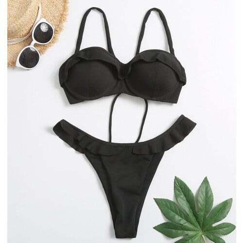 2020 sexy swimsuit ladies bikini beach vacation solid color with steel tray gathered bikini ruffled lace split swimsuit