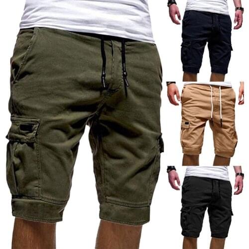 2021 Men Knee Length Cargo Shorts Summer Solid Color Casual Cargo Shorts Men High Quality Sports Jogger Drawstring Fifth Pants