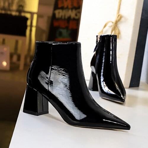 Women Patent Leather Boots Fashion Pointed Toe Thick Heels Ladies Winter Ankle Boots 1988-1