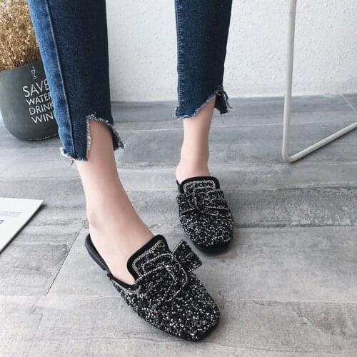 Women Bow Sequins Slippers Summer Pu Bling Solid Square Toe Outside Slides Low Heel Ladies Mules Shoes Slip On Mule Loafers