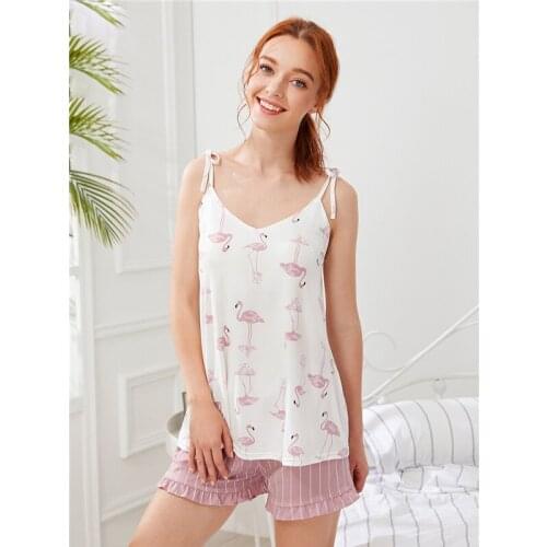 High Quality New Arrival Print Cami Top and Striped Shorts PJ Sets Summer Spaghetti Strap Sleeveless Frill Women Pink Nightwear