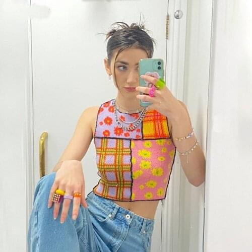 Summer Fashion Women Vintage y2k Patchwork Print y2k Crop Top Short Sleeve O-Neck Harajuku Knitted Tee Tops