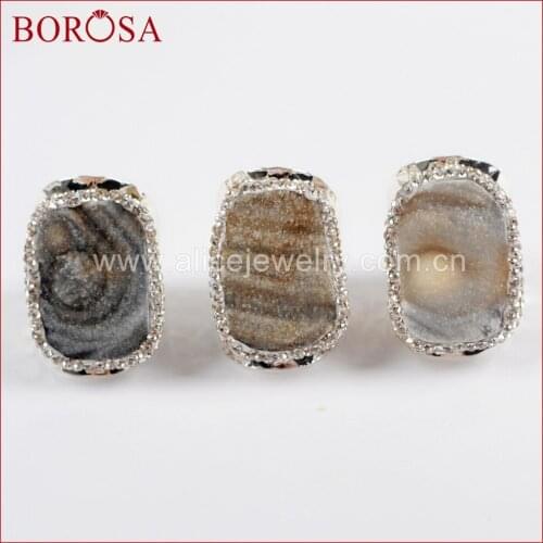 BOROSA Druzy Freeform Galaxy Quartz Silver Plated Band Ring Crystal Paved Zircon Natural Quartz Ring Jewelry For Women JAB917