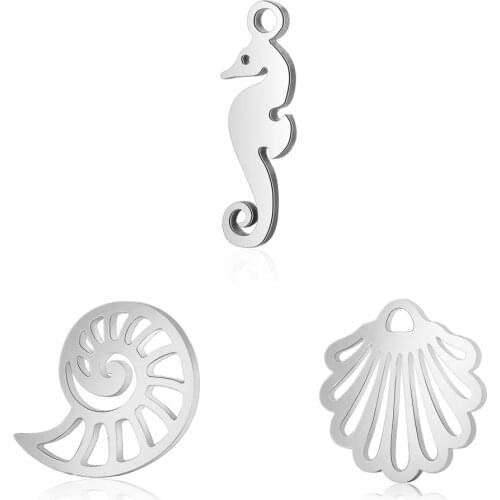 10pcs 316L Stainless Steel High Polished Silver Tone Ocean Conch Seahorse Hollow Out Shell Charm Pendant DIY Jewelry Findings
