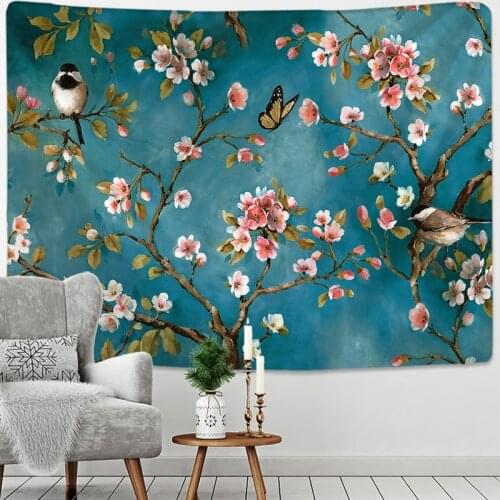 Botanical Wildflower Flowers Birds Tapestry Wall Hanging Floral Hippie Bohemian Tapestries Colorful Psychedelic Home Decor