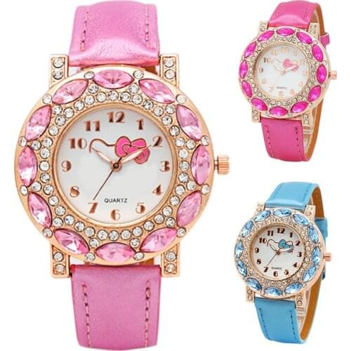 Girl Fashion Cute Cartoon Watch Lovely Cat Children Quartz Wristwatches Inlaid with Crystal Rhinestone for Women Pairing