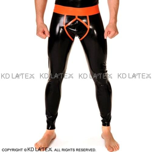 Black And Orange Sexy Latex Leggings With Trims On Top Front Rubber Pants Trousers Bottoms CK-0079