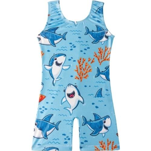 Kids Girls Sleeveless Patterned Shiny Rhinestone Ballet Dance Gymnastics Glittering Leotard One-Piece Shark Kids Dance Wear