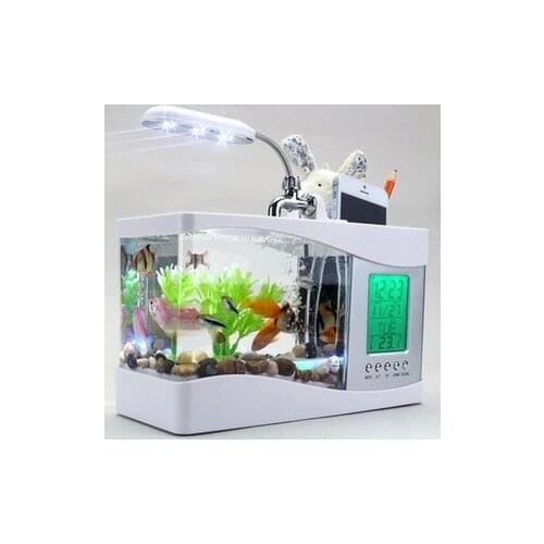 Home Aquarium Small Fish Tank USB LCD Desktop Lamp Light LED Clock White