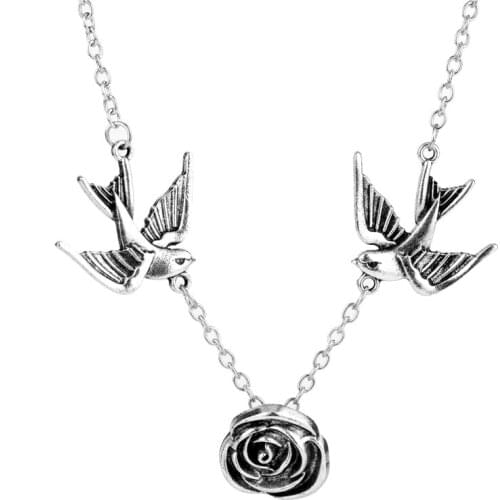 Dongsheng Fashion Vintage Jewelry Double Swallows Rose Flower Choker Necklace for Womens Necklace Pendant Gothic Necklaces