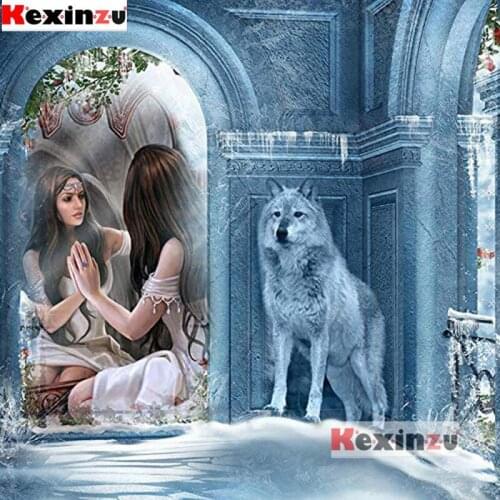 Kexinzu Full Square,Round Drill 5D DIY Diamond Painting "Ice castle, wolf, woman" Embroidery Cross Stitch 3D Home Decor K64310