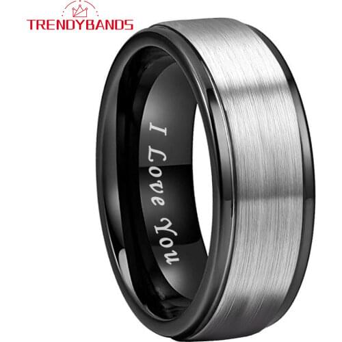 8MM Balck Tungsten Carbide Ring For Men Stepped Edges Brushed Finish Comfort Fit