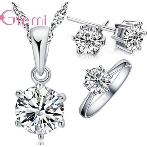Fashion Classic Woman Birthday Gift Wedding Jewelry Set 3 pc/set Fashion 925 Sterling Silver White Crystal Necklace Ring Earring
