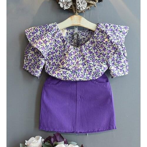 Korean ChildrenS Clothing 2021 Summer New Style GirlS Western-Style Floral Doll Shirt + Purple Hip Skirt Two-Piece Suit Trend