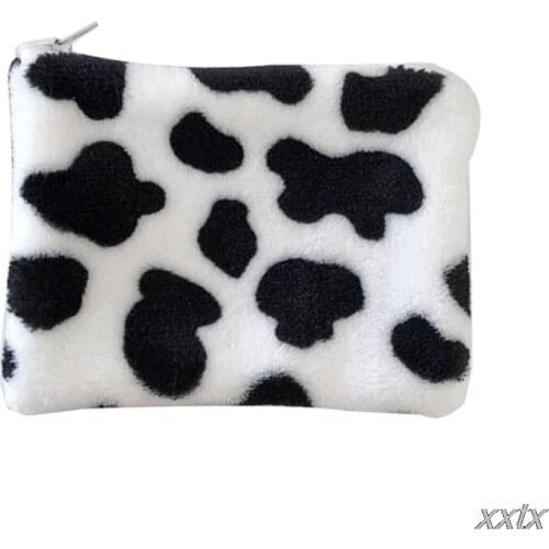 Women Cartoon Cow Pattern Plush Coin Card Key Wallet Pouch Mini Purse Zipper Small Change Bag