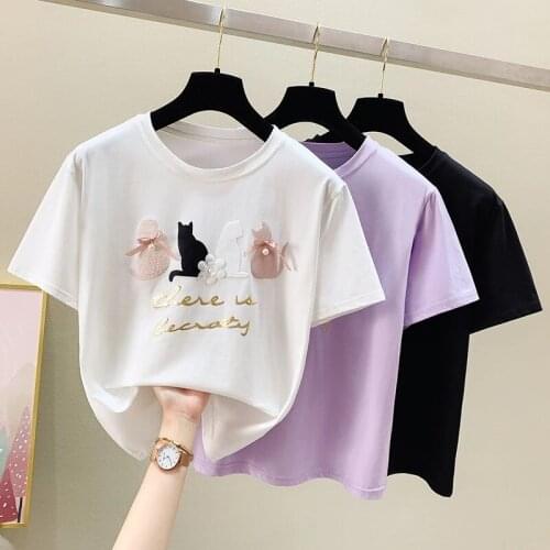 GGRIGHT 2021 Summer Tees Applique Beading T Shirt Women Korean Fashion Tshirt Girls Short Sleeve Tee Shirt Femme Tops Purple Y2K