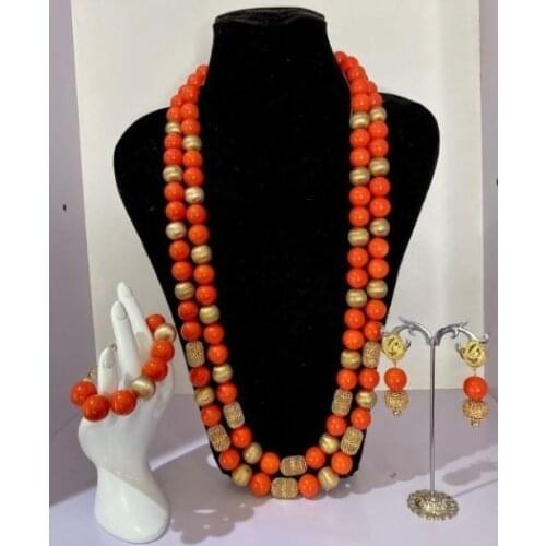 Fashion Double Layers Coral Beaded Long Necklace Set Coral and Gold Dubai Wedding Party Women Jewelry Set WE260