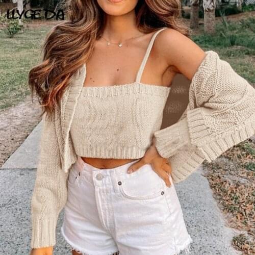 Solid Loose Cardigan For Women Sweater Two-piece camisole Womens Sweaters 2021 Autumn Winter Fashion New Long Sleeve Top Female