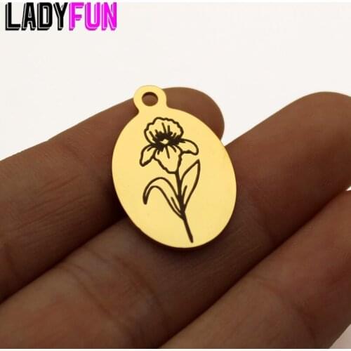 Birth Month Flower February VIOLET Charm Stainless Steel Birth Flowers Charms High Polish Mirror Surface Pendant 10pcs/lot