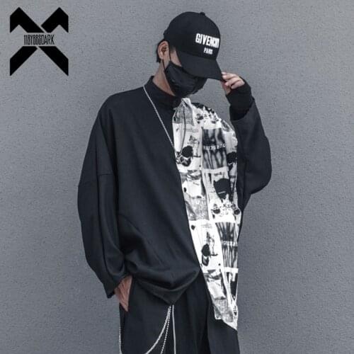 Punk Dark Retro Pattern Patchwork Shirts Hip Hop Streetwear Loose Bat Sleeve Shirt 2021 Autumn Tops Coat Black Techwear WB216