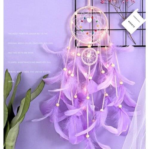 Handmade Purple Dream Catcher With String Light Feather Dreamcatcher Net For Wall Hanging Decoration Ornament Bedroom Home Decor