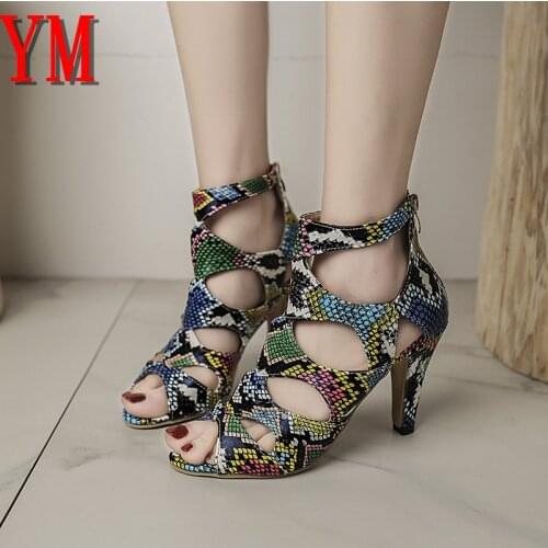 Snakeskin Printing Zapatos Women Sandals hollow Sexy Exquisite Super High Heels Ladies Increased Peep toe Stiletto Womens Pumps