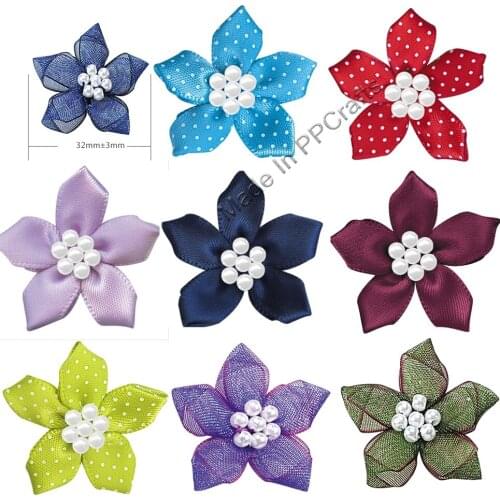32MM Satin Double /Dots/Organza Ribbon Petaled Bow 7 Beads For Packing Cloth Hairbow DIY Crafts 200pcs Free Shipping