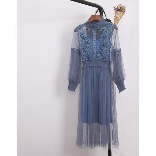 Spring Autumn New Arrival Three-dimensional Lace Flower Dresses Women Lantern Sleeve High Waist Gauze Party Dress Two Piece Sets