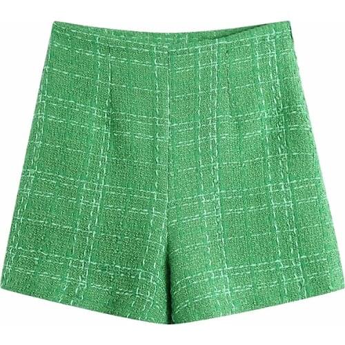 2021 Women Chic Fashion With Lining Tweed Green Shorts Vintage High Waist Back Zipper Female Short Pants Mujer