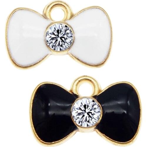 Julie Wang 8PCS Enamel Bow Charms Black White Bow-knot With Rhinestone Zinc Alloy Gold Tone Pendant Jewelry Making Accessory