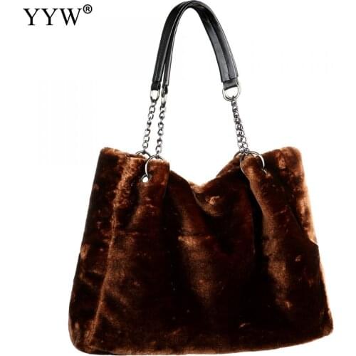 Winter Shoulder Bags For Women Fur Handbag Large Capacity Faux Fur Shoulder Purse Evening Handbags Pu Chain Shoulder Strap 2019