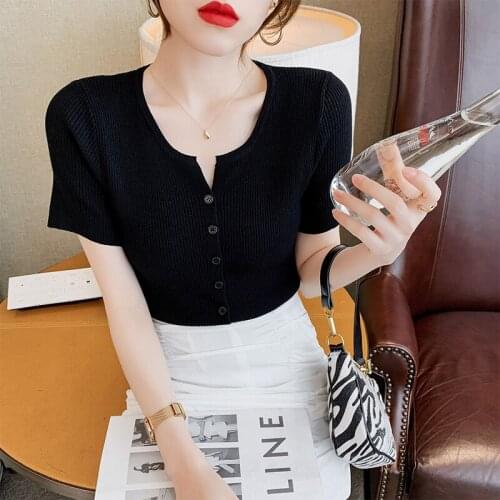 2021Summer Women Sexy Top Cropped Rib Sleeve T-shirts Solid Slim Knitted sweaters