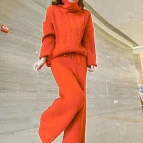 2021 New Winter Fashion Women Thicken Warm Knitted Two-Piece Suits Pullover Sweater + High Waist Loose Wide Leg Pants Set X568