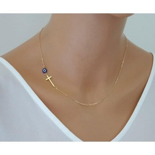 COWBREAD Cross Women Necklace Dripping Oil Blue Evil Eye Necklace Chain Neck Fashion Jewelry Accessories