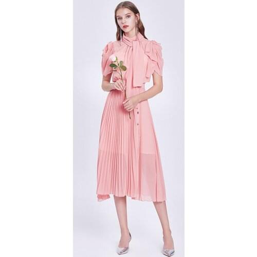 New Arrival Summer Runway Bow Tie Chiffon Chic Dress Womens High Quality Beaded Pleated Slim Patchwork Dresses Vestido