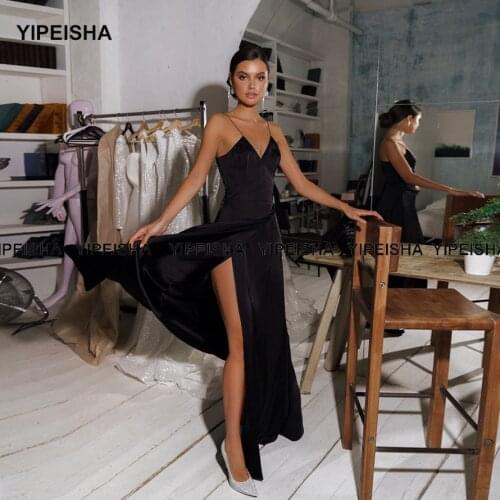 Yipeisha Simple Black Evening Dress Spaghetti Straps Side Slit Wedding Party Dress Long Prom Banquet Gown Robe de Bal