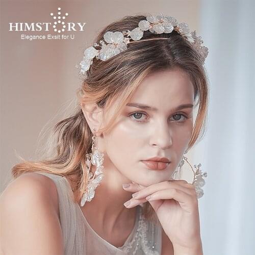 Himstory Champagne Gold Metal Petals Headpiece Beaded Double Layer Headband Bride Wedding Hair Accessories